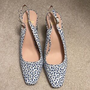 J. Crew White and Blue Floral Heels